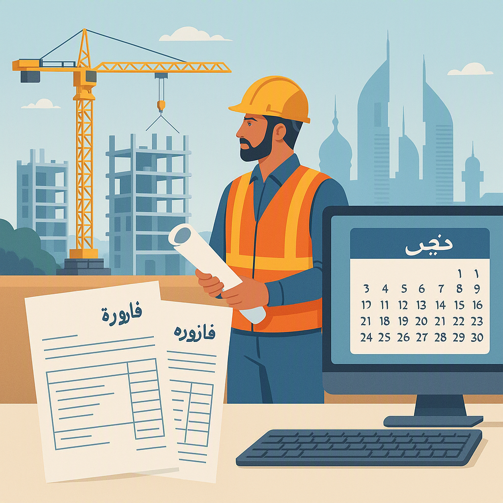 Illustration of a construction site in the GCC with Arabic text on invoices and a Hijri calendar visible on a computer s...