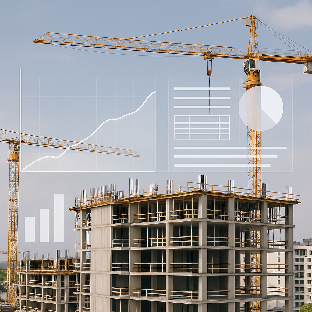 A modern construction project site with digital dashboards and graphs overlayed, symbolizing the integration of enterpri...