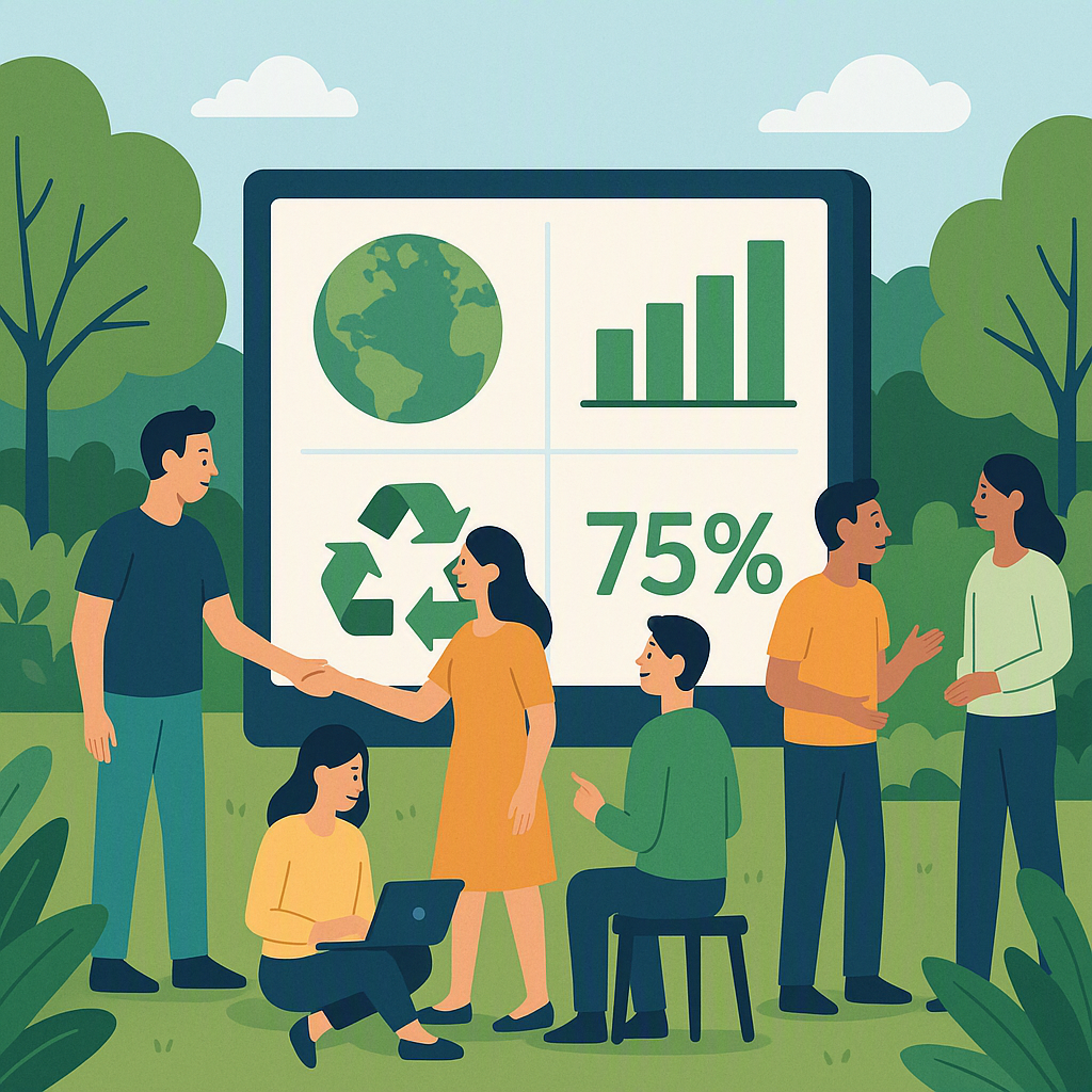 An illustration of a community event scene with attendees interacting with a large touchscreen showing sustainability me...