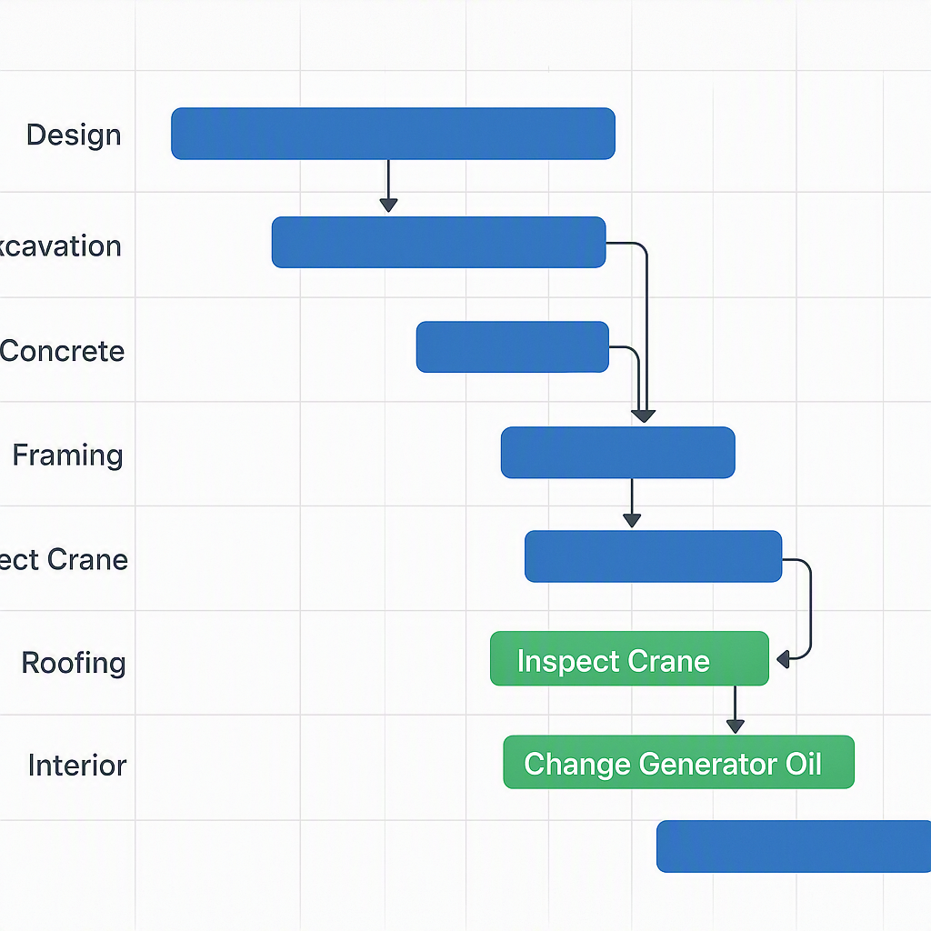 A detailed Gantt chart for construction project planning, showing maintenance tasks like 'Inspect Crane' and 'Change Gen...