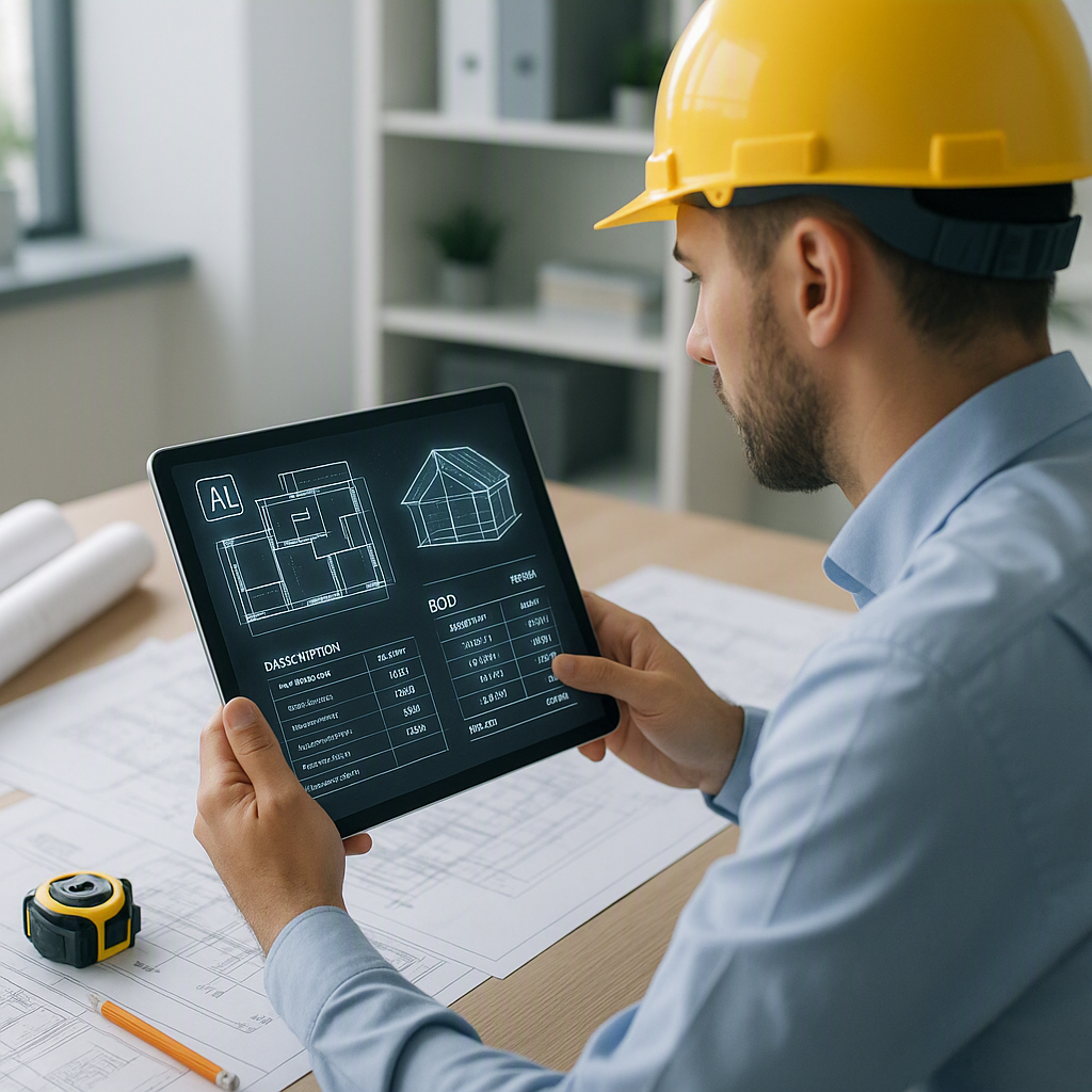A construction estimator working on a tablet, with AI-generated diagrams and BOQ calculations overlaying the screen. Mod...