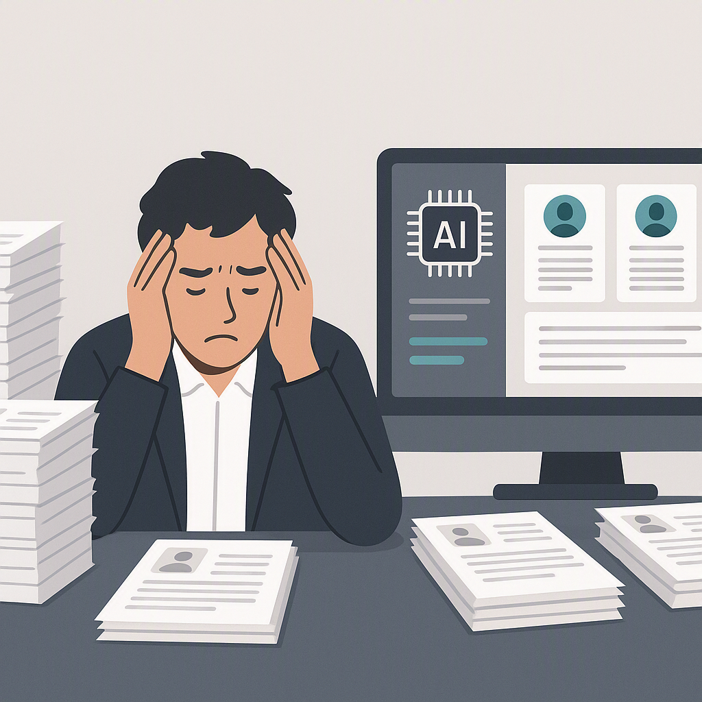 A frustrated recruiter surrounded by stacks of resumes, contrasted with an AI interface analyzing resumes on a screen.