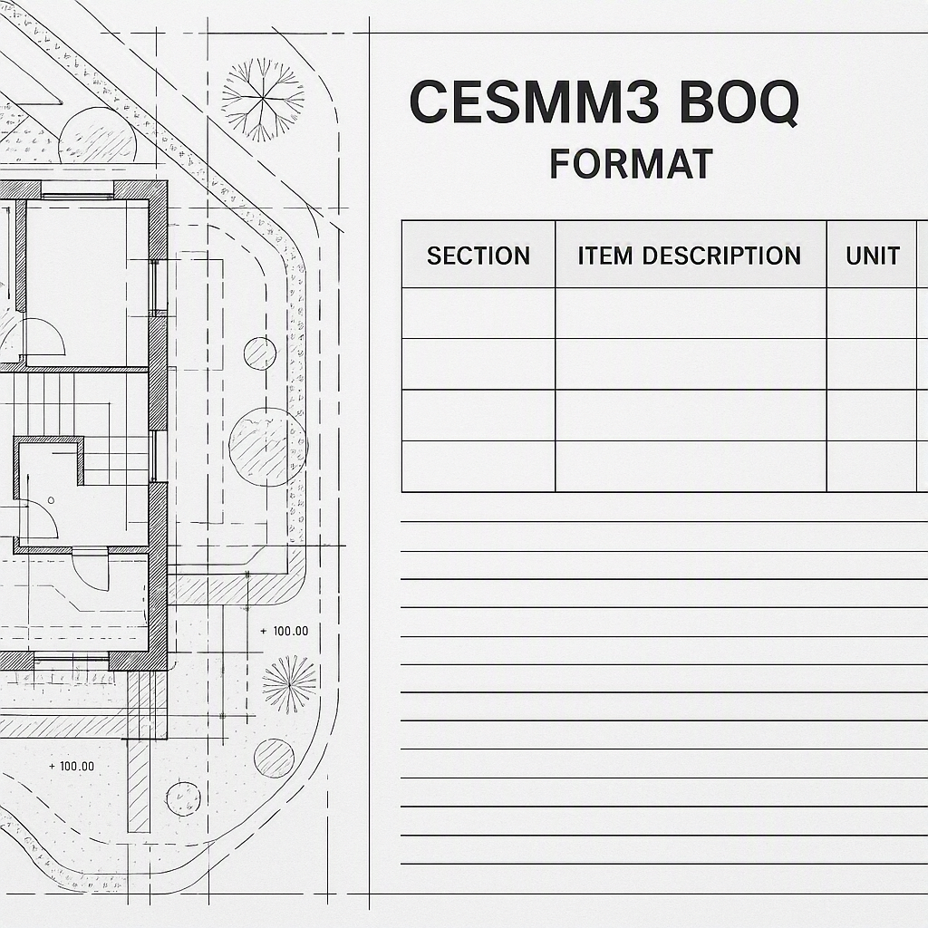 A detailed, professional construction blueprint with labeled sections for a CESMM3 BOQ format, showing clear work catego...