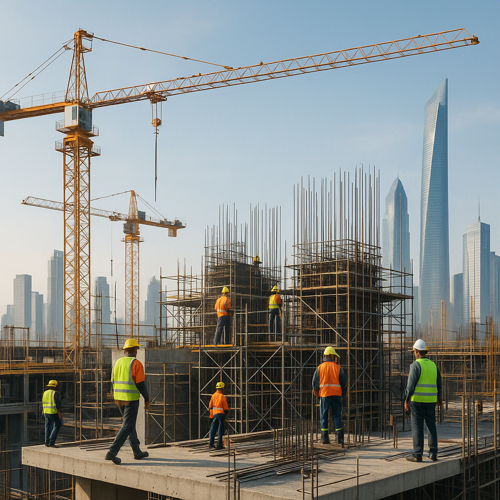 A construction site showcasing a megaproject in progress: cranes, scaffolding, workers in safety vests and helmets, with...