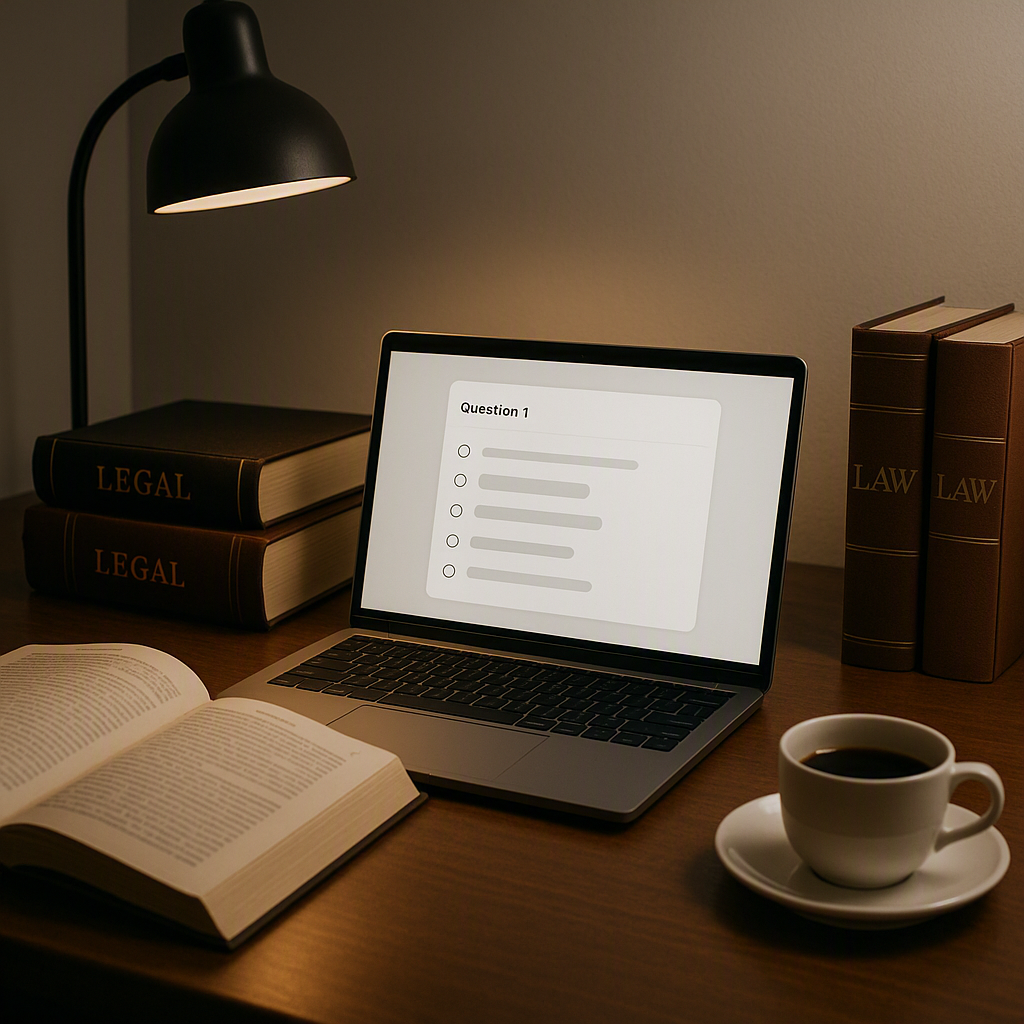 A focused study desk with an open laptop showing a mock MCQ drill interface, legal textbooks, and a cup of coffee in a d...