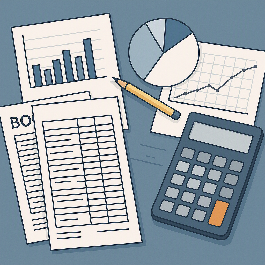 A digital illustration showing a construction estimator's desk with charts, BOQ papers, and a calculator, emphasizing ac...