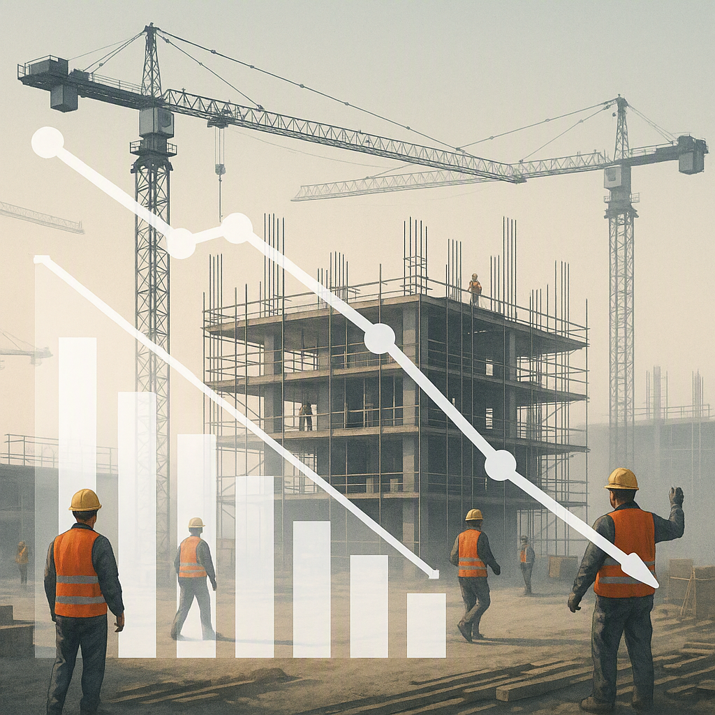 A realistic illustration of a construction site with cranes, scaffolding, and workers, overlaid with graphs showing a de...