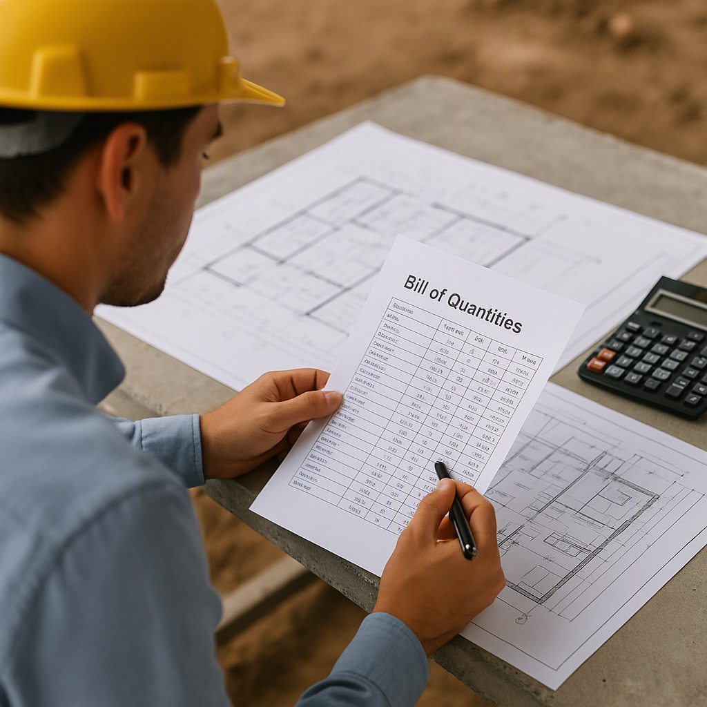 Construction worker in a yellow hard hat reviewing a printed Bill of Quantities table alongside architectural floor plans and a calculator on a site table.