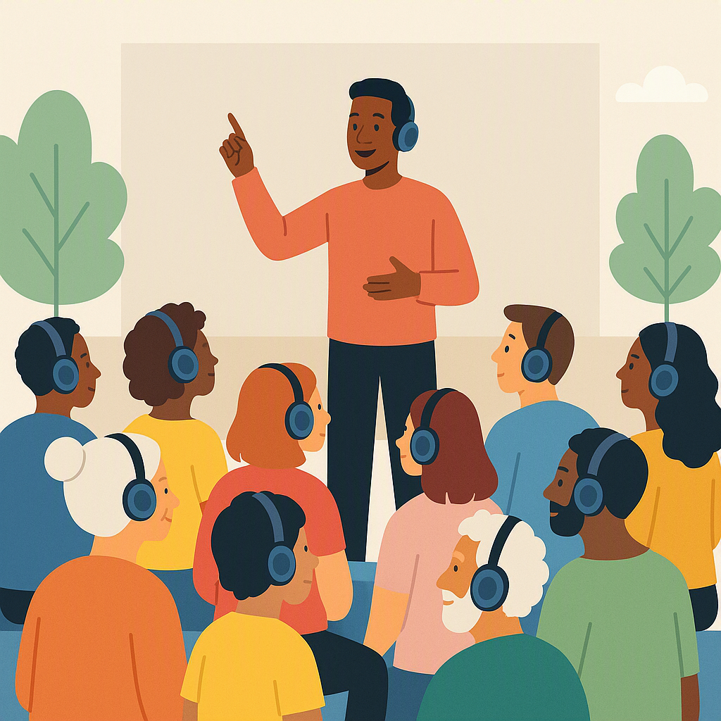 A community event featuring people of diverse ages and ethnicities wearing wireless headphones, engaging with a speaker...
