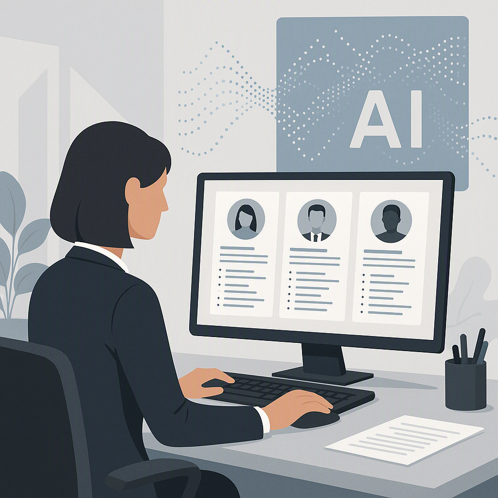 An office setting with a recruiter analyzing resumes on a computer screen while an AI algorithm visualized as data patte...