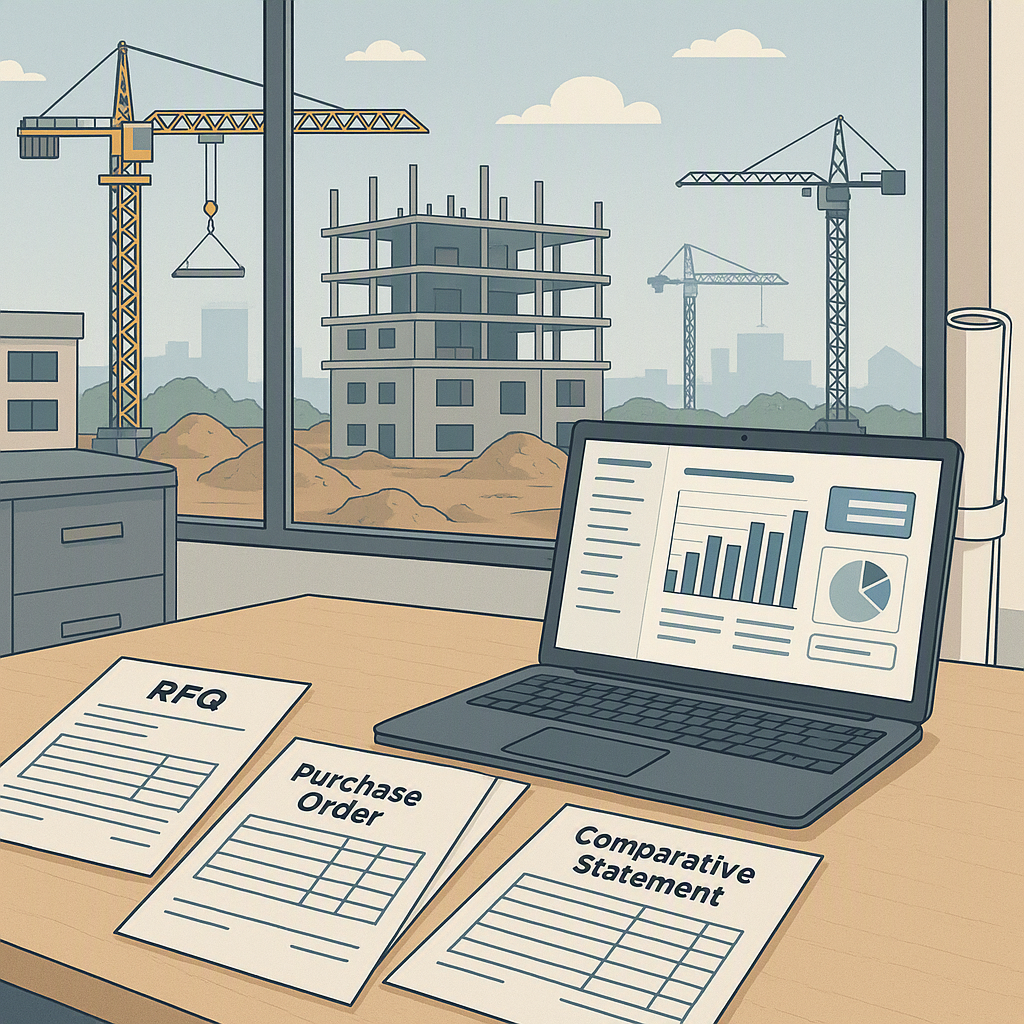 A detailed illustration of a construction site office with procurement documents like RFQs, POs, and Comparative Stateme...