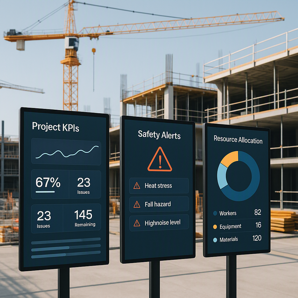 A high-tech construction jobsite with digital display screens showing project KPIs, safety alerts, and resource allocati...