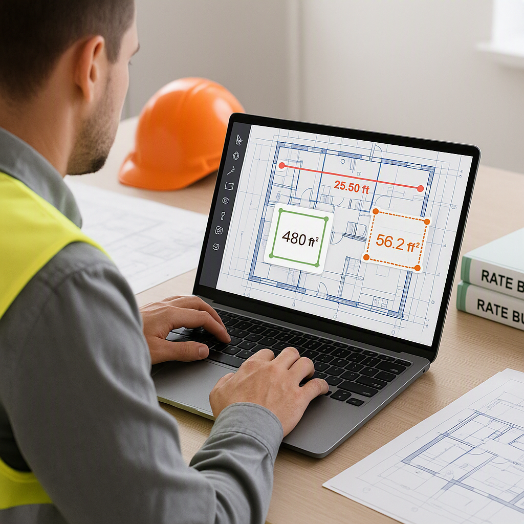 A construction estimator using AI software on a laptop, with blueprints and rate books visible on the desk. Digital take...