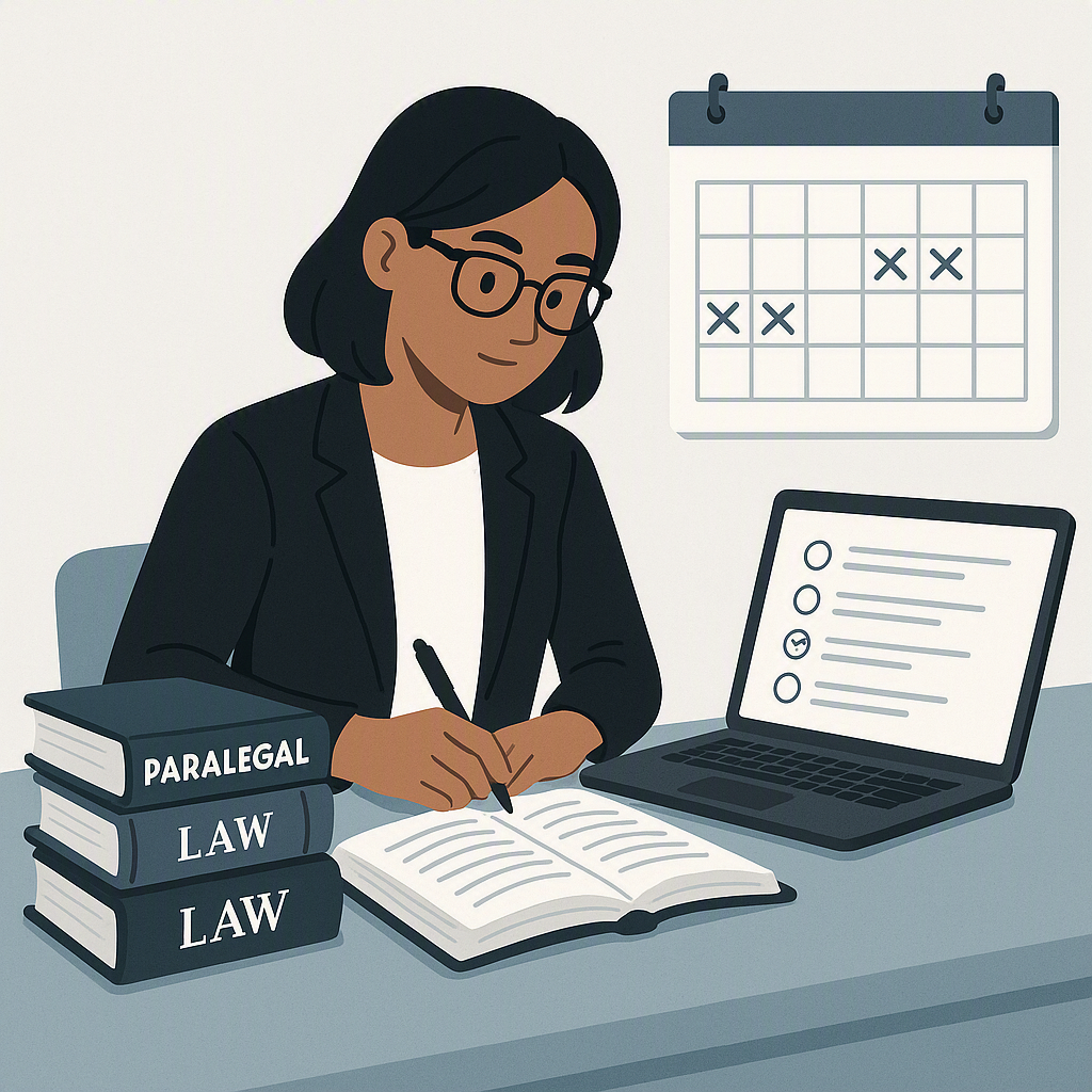 An illustration of a paralegal at a desk with legal textbooks, a laptop showing multiple-choice questions, and a calenda...