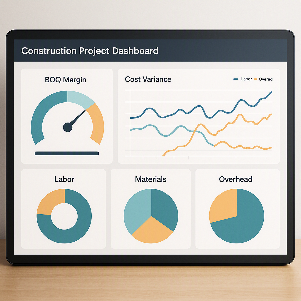 A detailed construction project dashboard showing BOQ margin analytics, with charts highlighting cost variances in labor...