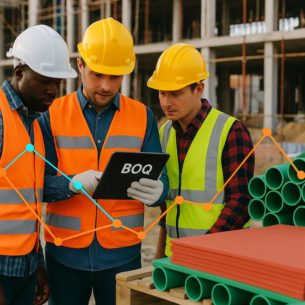 A construction site with workers reviewing a BOQ document on a tablet, a graph overlay showing cost discrepancies, and v...