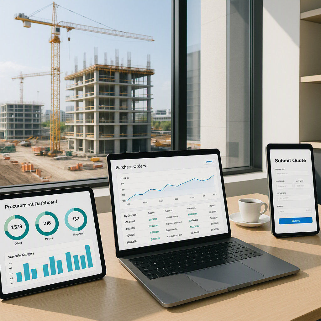 A modern construction project site with digital procurement dashboards displayed on tablets and laptops; vendors submitt...