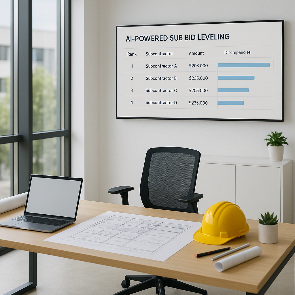 A modern construction office with a digital screen displaying AI-powered sub bid leveling results, showing ranked subcon...