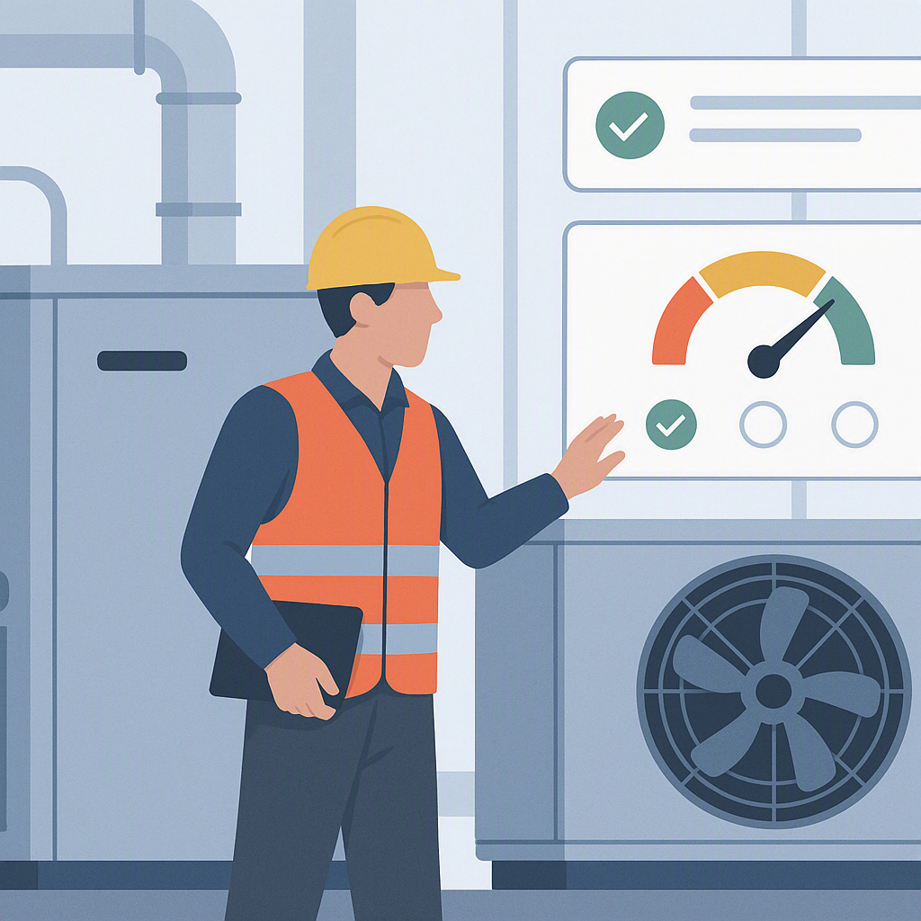 An illustrated image of a contractor inspecting HVAC equipment inside a commercial building, with visible dashboards sho...