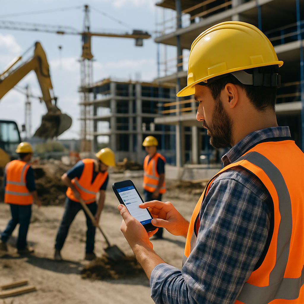 A busy construction site with workers in safety gear using a mobile app to document site details, showing real-time conn...