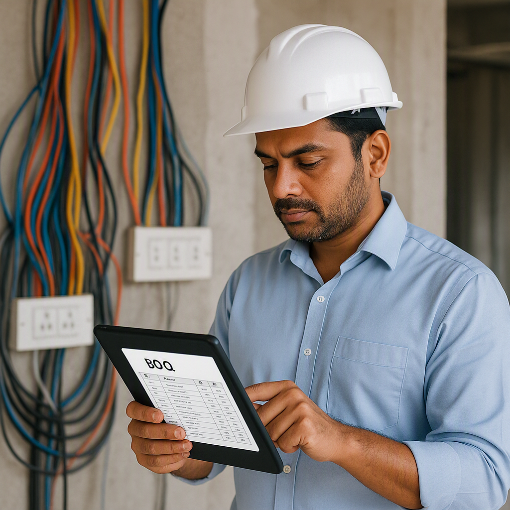 An Indian electrical contractor reviewing a digital BOQ on a tablet at a construction site, with cables and switchboards...