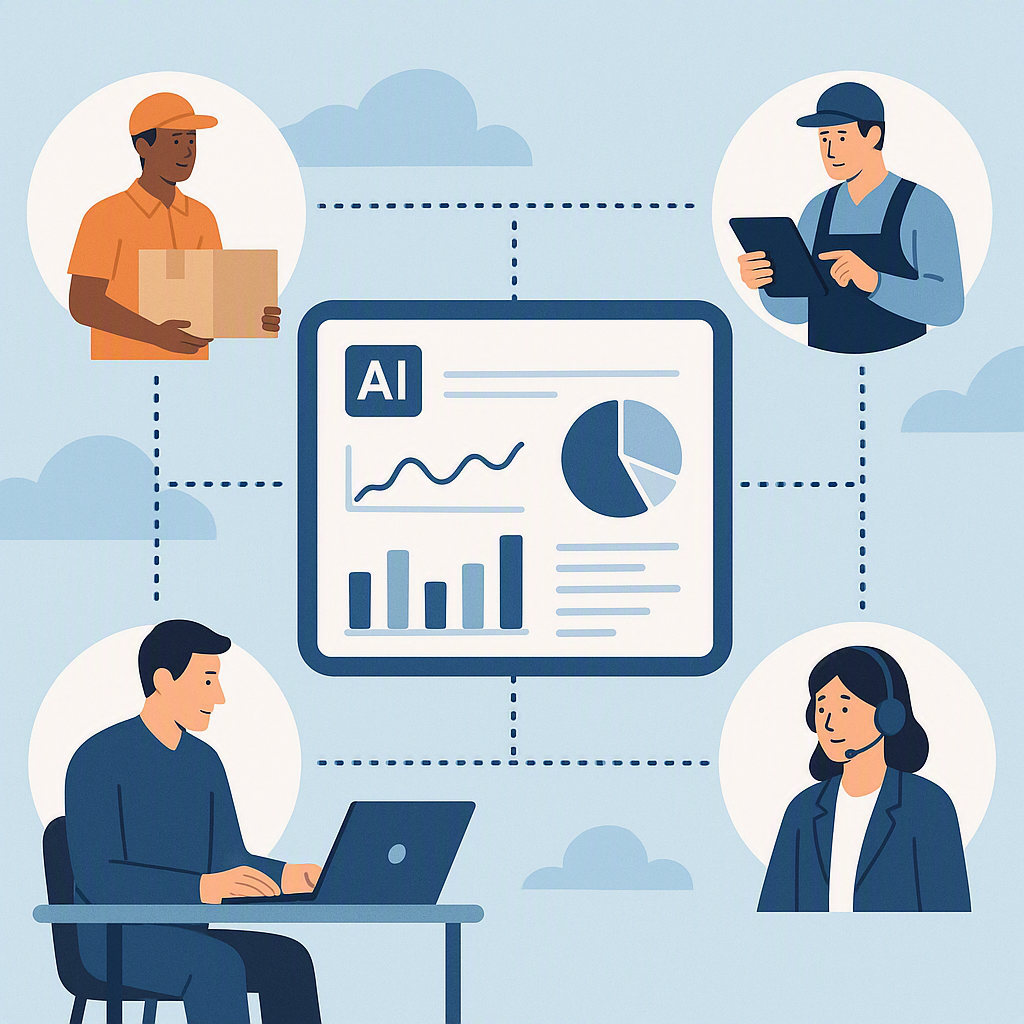 An illustration of a dispersed workforce connected via digital tools, showcasing remote employees like delivery drivers,...