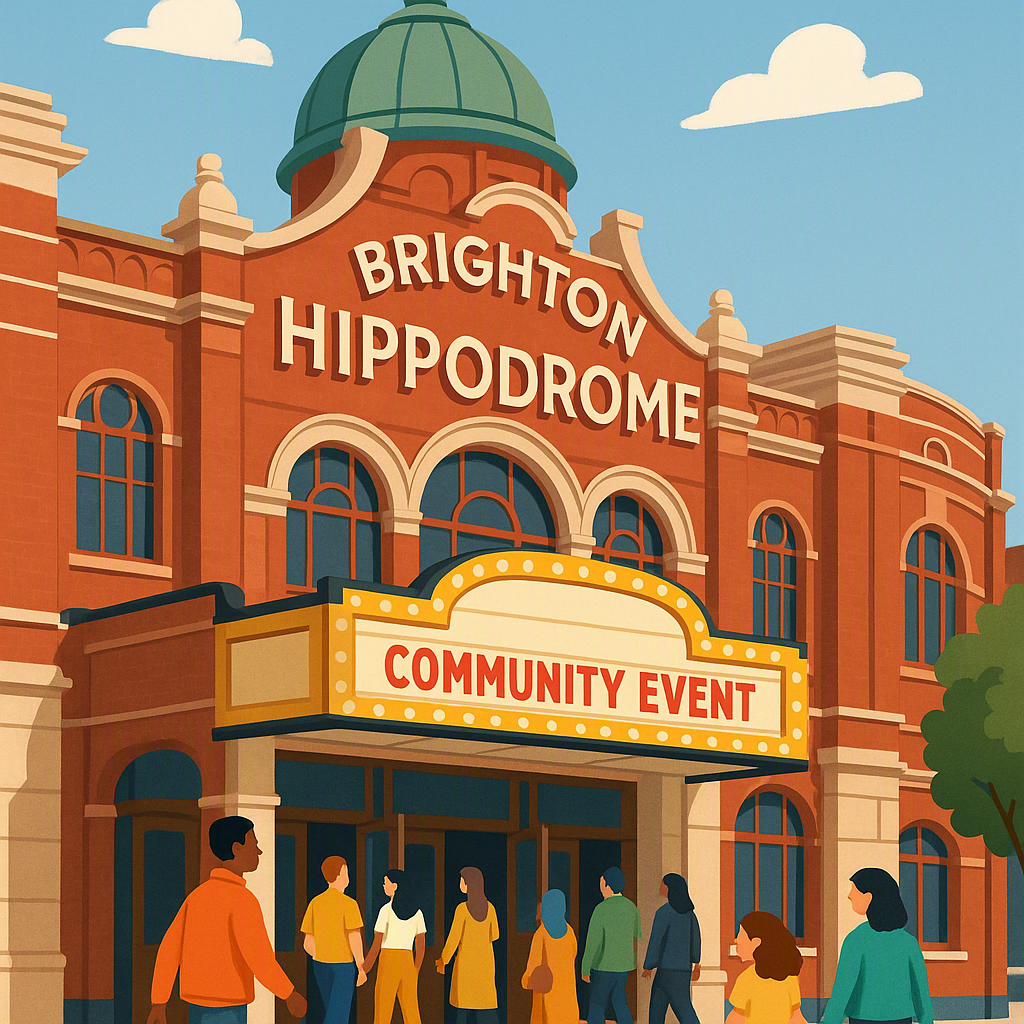 A bright, lively illustration of the renovated Brighton Hippodrome, with a marquee advertising a community event and div...