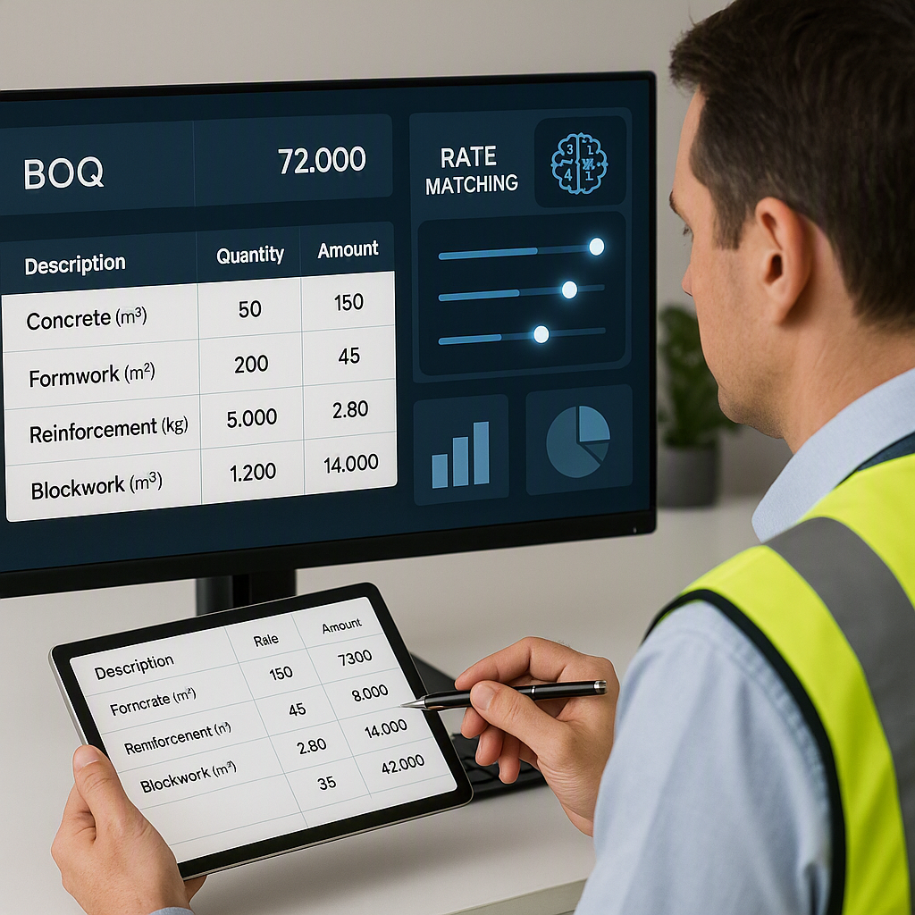 A construction estimator reviewing a BOQ on a digital screen with AI-powered rate matching in progress. Include clear vi...