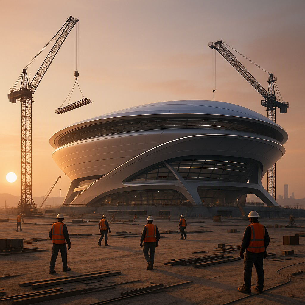 A futuristic, sleek arena under construction, with cranes and workers in safety gear, set against a desert skyline at su...