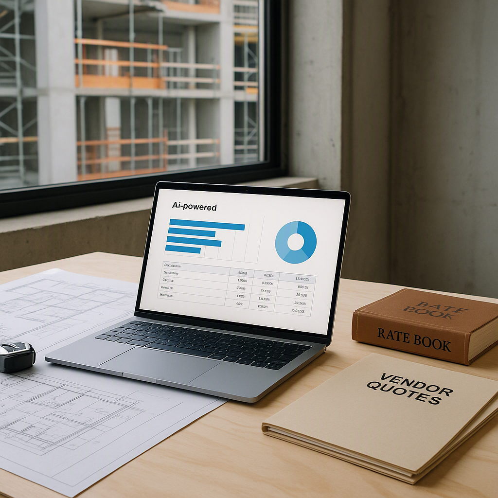 A construction site office with a laptop showing AI-powered estimation software, surrounded by blueprints, rate books, a...