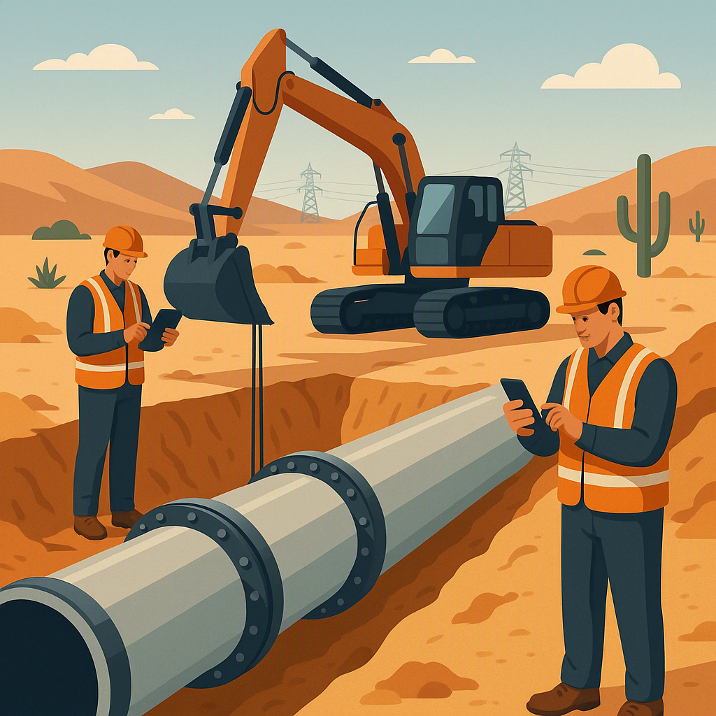 A detailed illustration of a water pipeline construction site in Southern California, featuring workers using mobile dev...