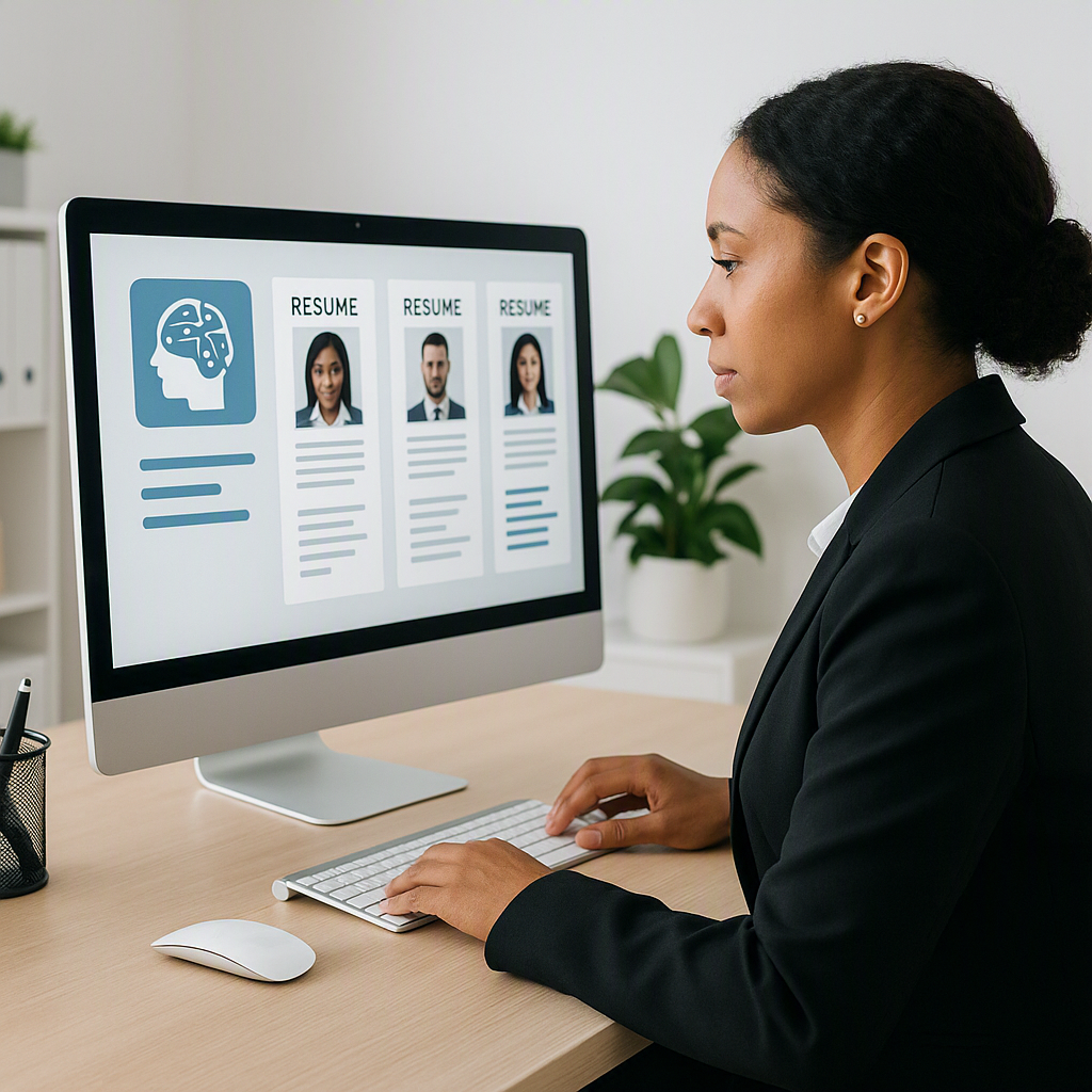 A professional HR setting with diverse resumes being analyzed on a computer screen using AI software, emphasizing object...