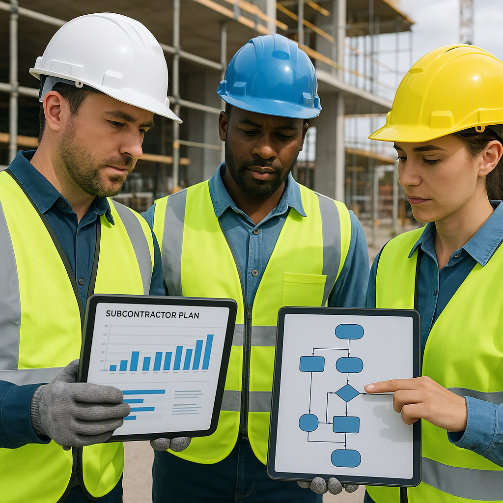 A construction site with workers reviewing a detailed subcontractor plan on tablets, featuring charts and workflow diagr...