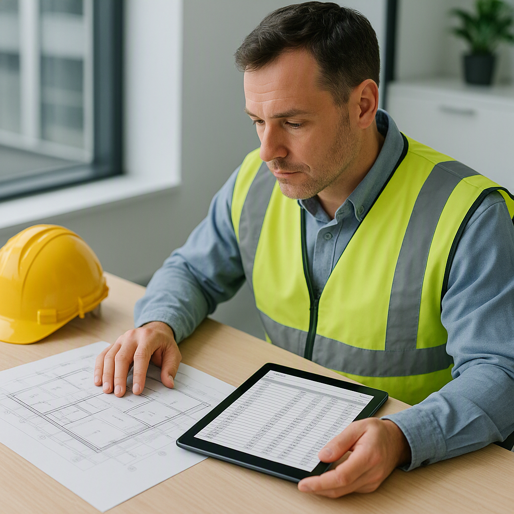 A high-resolution image of a contractor in an office setting, reviewing a construction blueprint and a digital device wi...