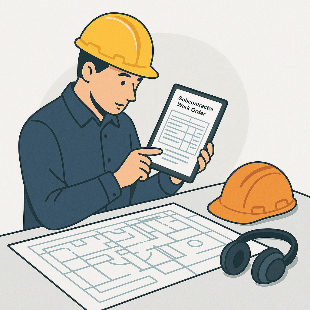 An illustration of a construction site manager reviewing a detailed subcontractor work order on a tablet, surrounded by...