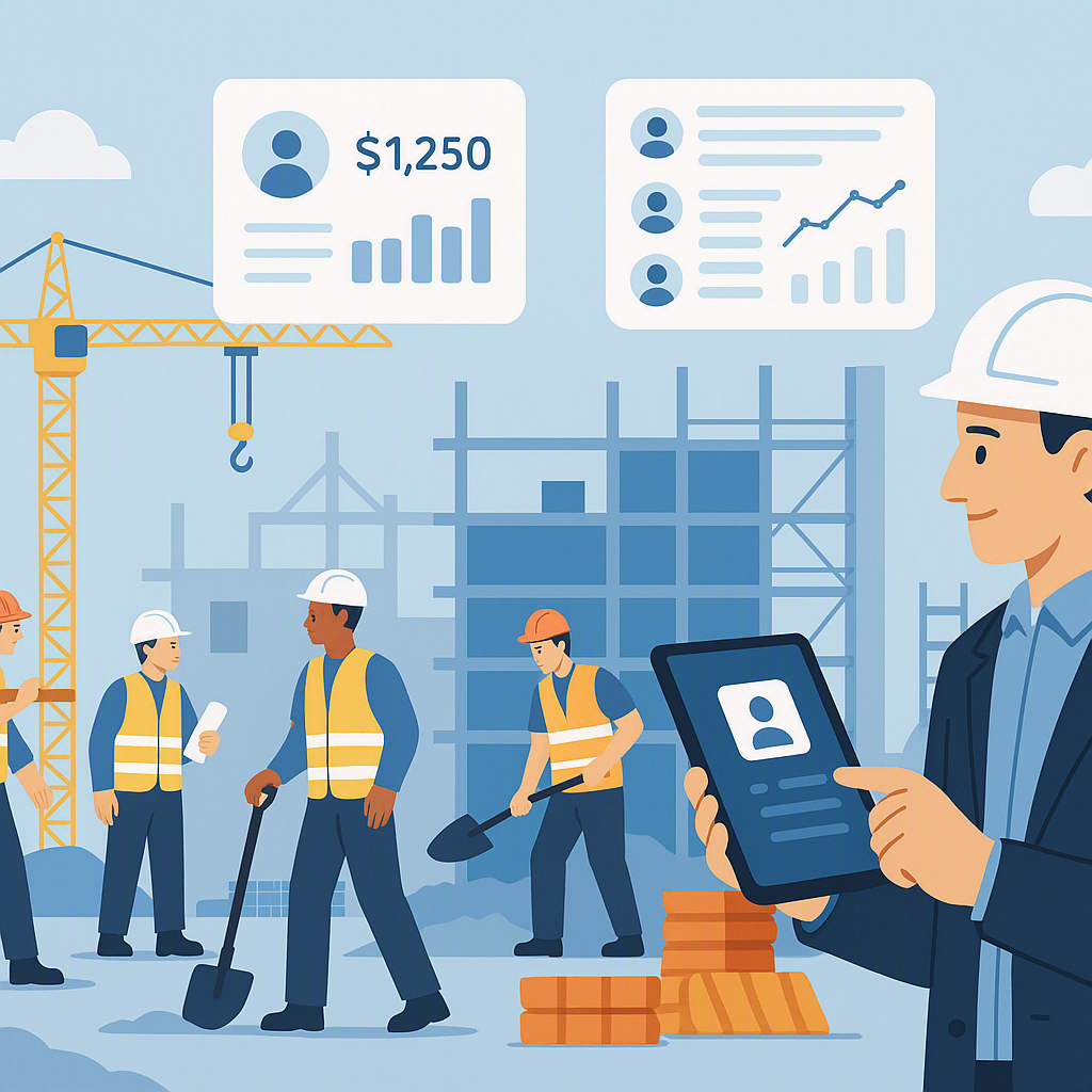 An illustration of a construction site with multiple workers, digital dashboards showing payroll data, and a manager usi...