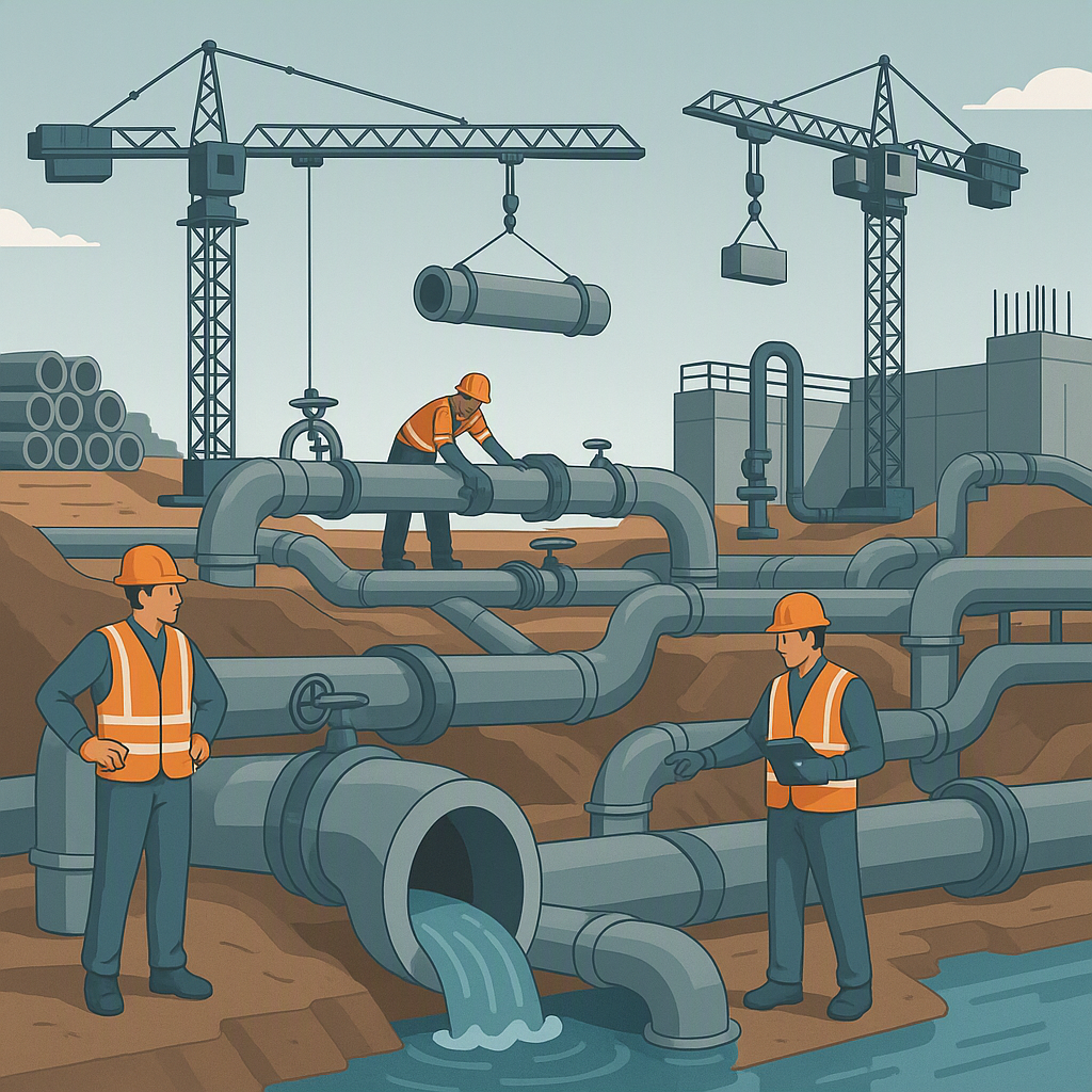 A detailed illustration of a water infrastructure construction site with cranes, pipelines, and workers in safety gear,...
