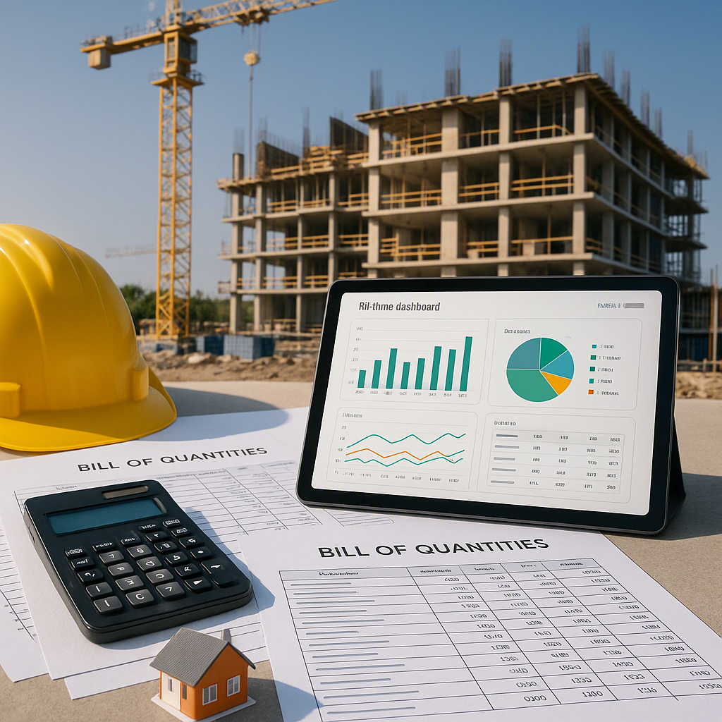 A construction site with bill-of-quantities documents, calculators, and real-time dashboards displayed on a tablet.