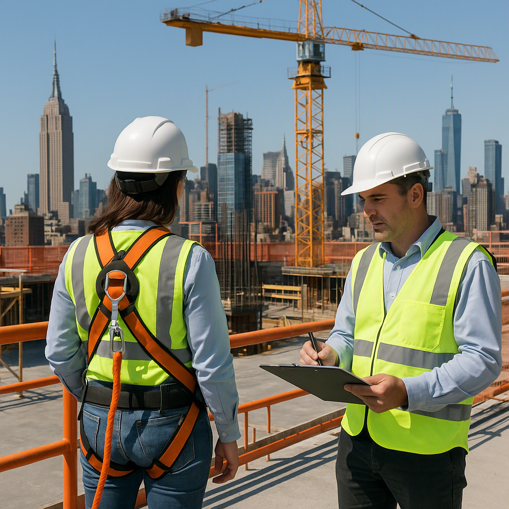 A city construction site under inspection with NYC skyline in the background, showing safety equipment like fall protect...