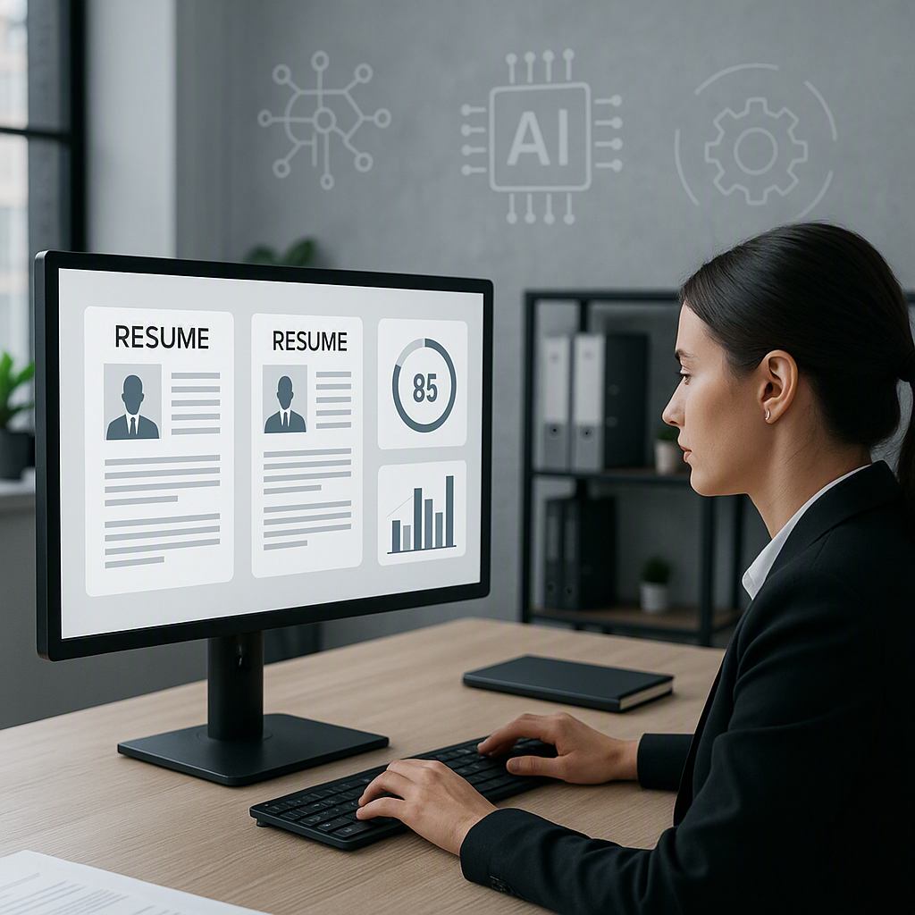 A modern office setting with a recruiter working on a computer, analyzing resumes on a dashboard with AI analytics displ...