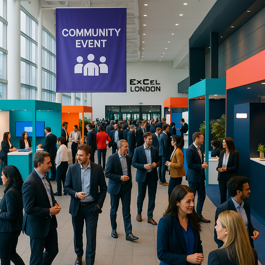A vibrant conference scene at Excel London, featuring people networking, event booths, and a modern, professional venue...