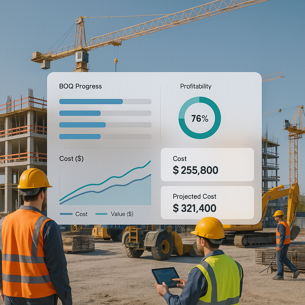 A modern construction site with workers and equipment, overlaid with a digital dashboard showing real-time cost tracking...