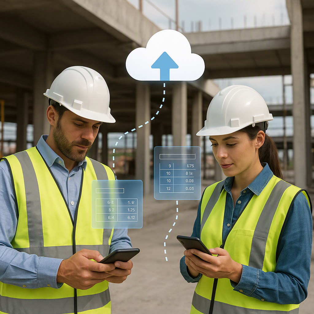 A construction site featuring contractors using mobile devices to capture BOQs in real-time, with digital overlays showi...