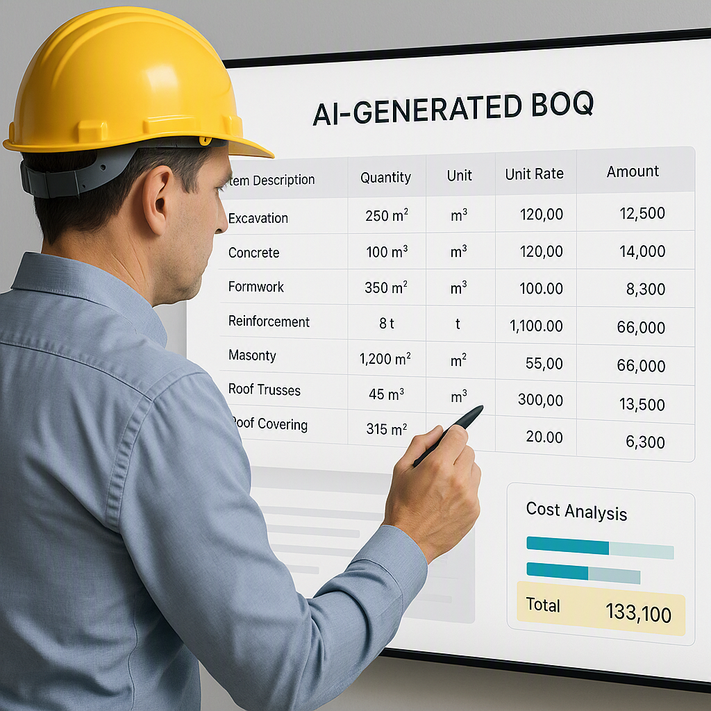 A construction estimator working on a digital screen displaying an AI-generated BOQ with clean, organized data and highl...