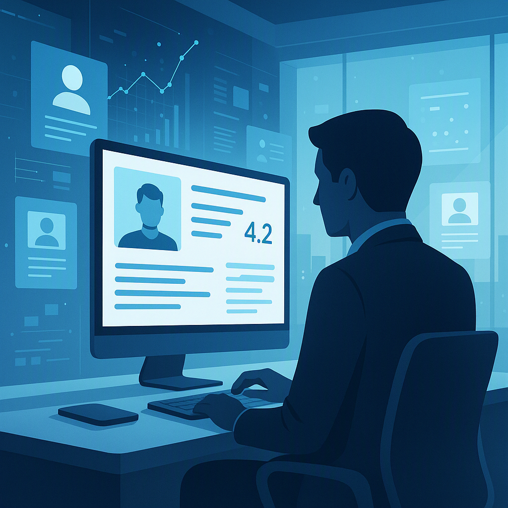 A futuristic office space with a recruiter reviewing an AI-generated candidate scorecard on a sleek computer screen, sur...