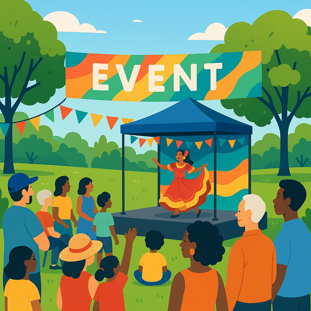 A vibrant community event with diverse attendees, a colorful event banner, and a small stage featuring a cultural perfor...