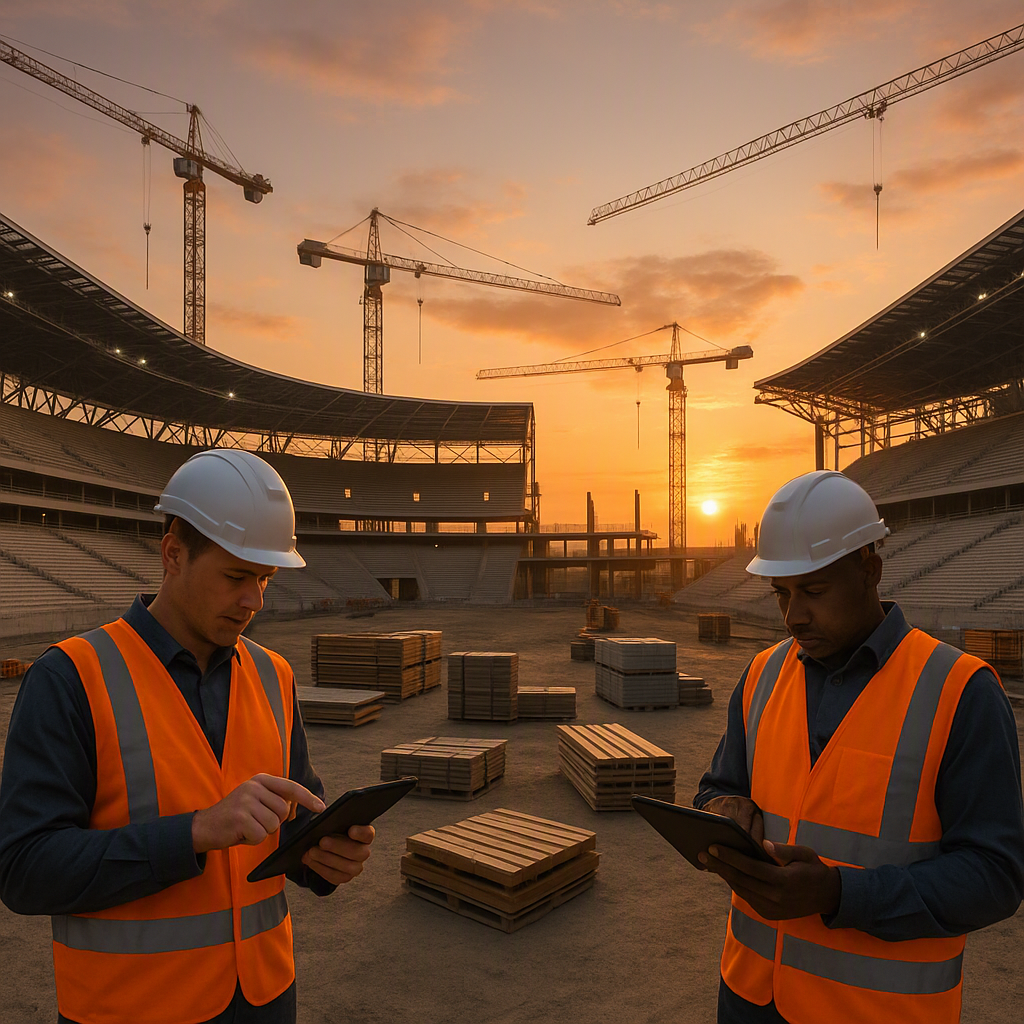 A modern sports stadium under construction at sunset, with cranes in the background and workers managing materials and p...