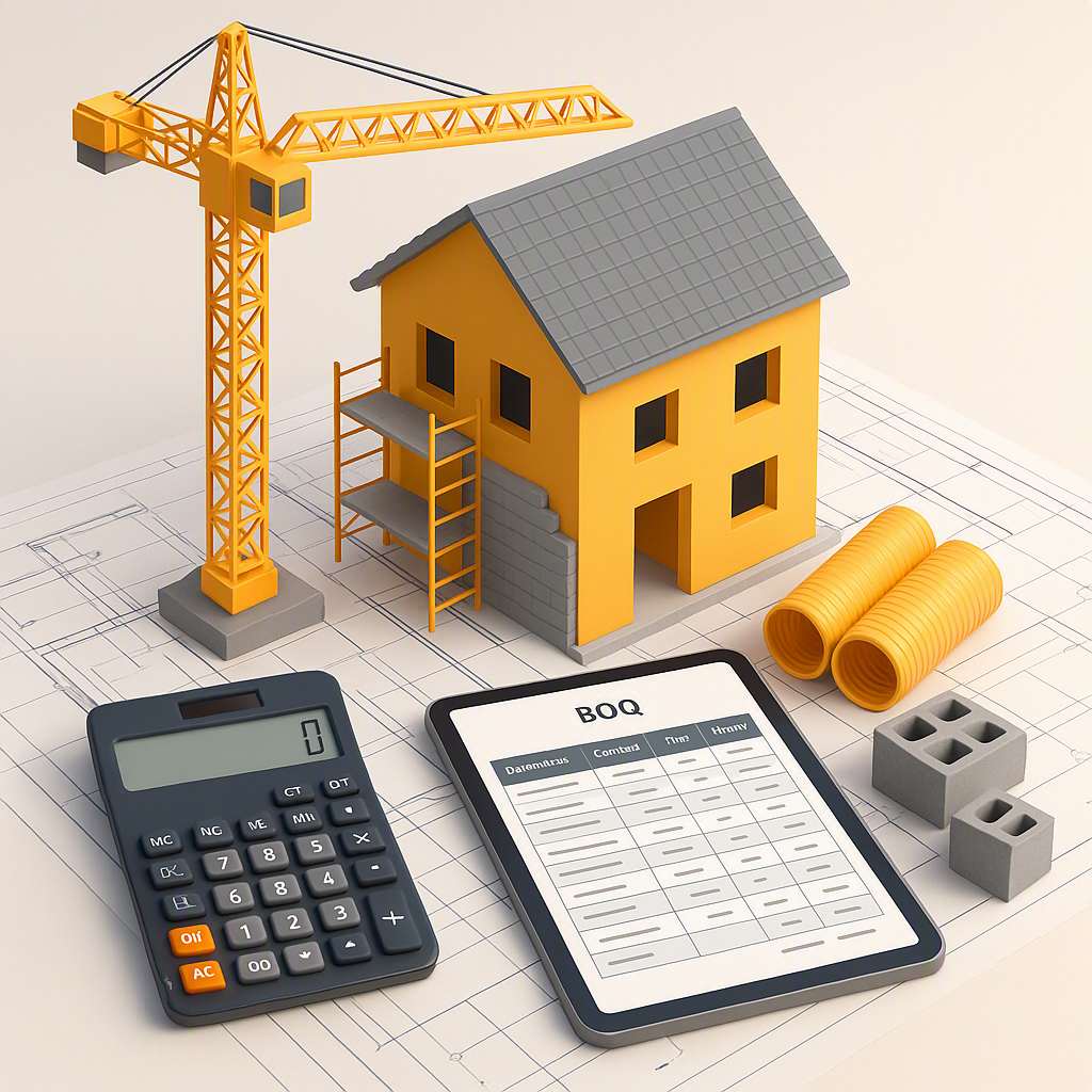 A 3D illustration of a construction site with detailed blueprints, a calculator, and a digital tablet displaying a BOQ b...