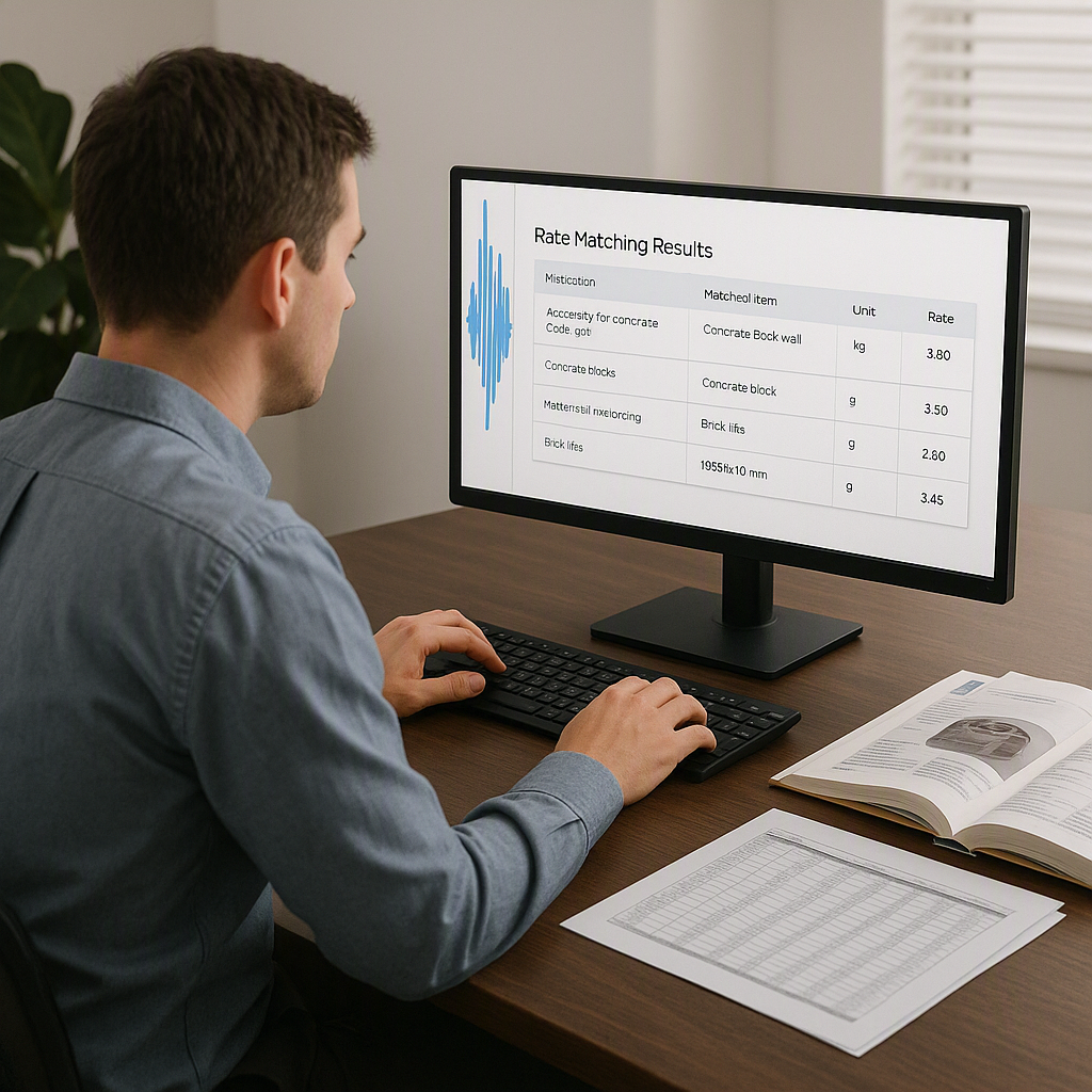 A realistic depiction of a construction estimator at their desk, with AI-powered software on their screen, showing rate...