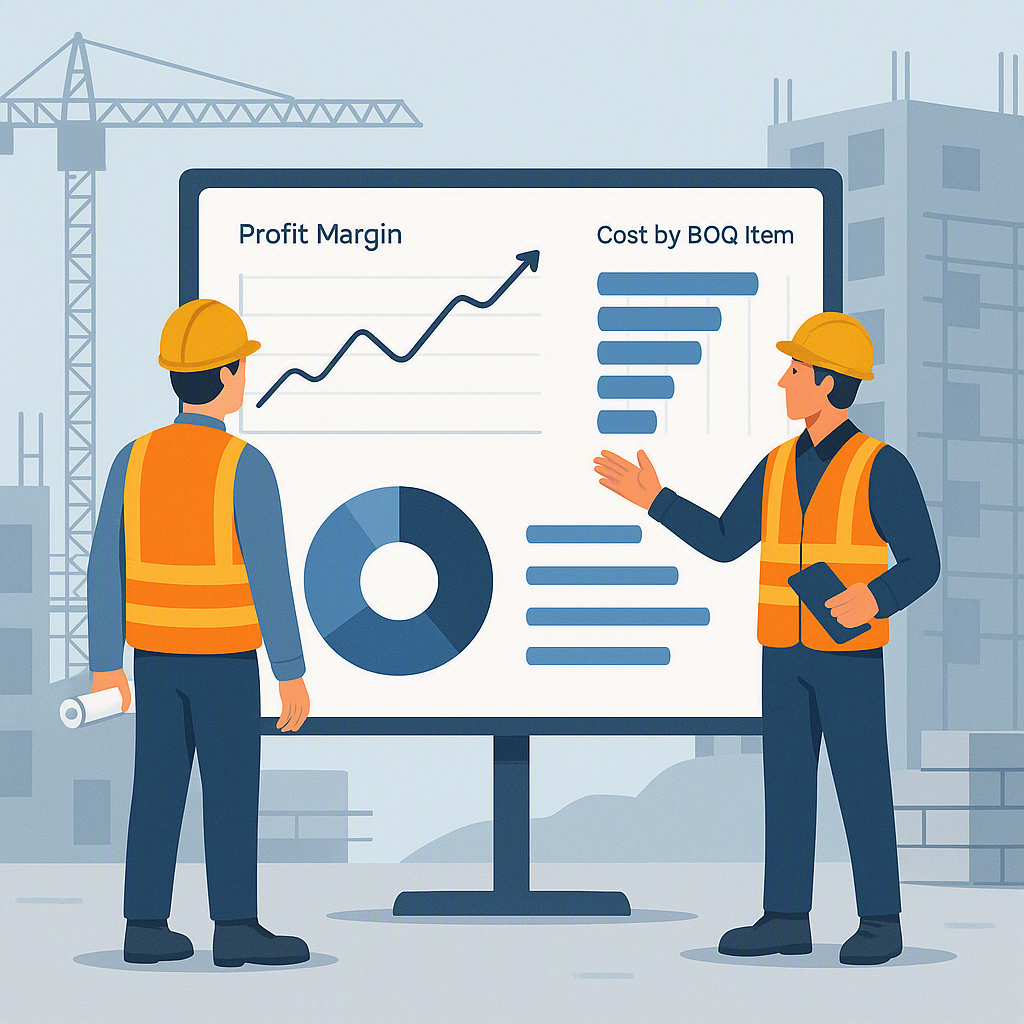 A construction site with workers analyzing a digital dashboard showing profit margins and cost tracking across BOQ items...